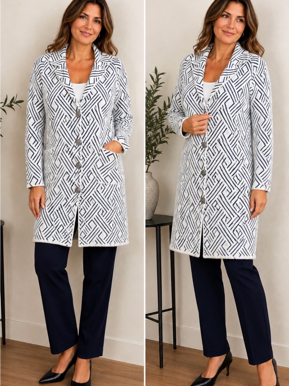 Absolutely Famous Sz M Geometric Knit Metal Button Cardigan White/Black Rayon/N